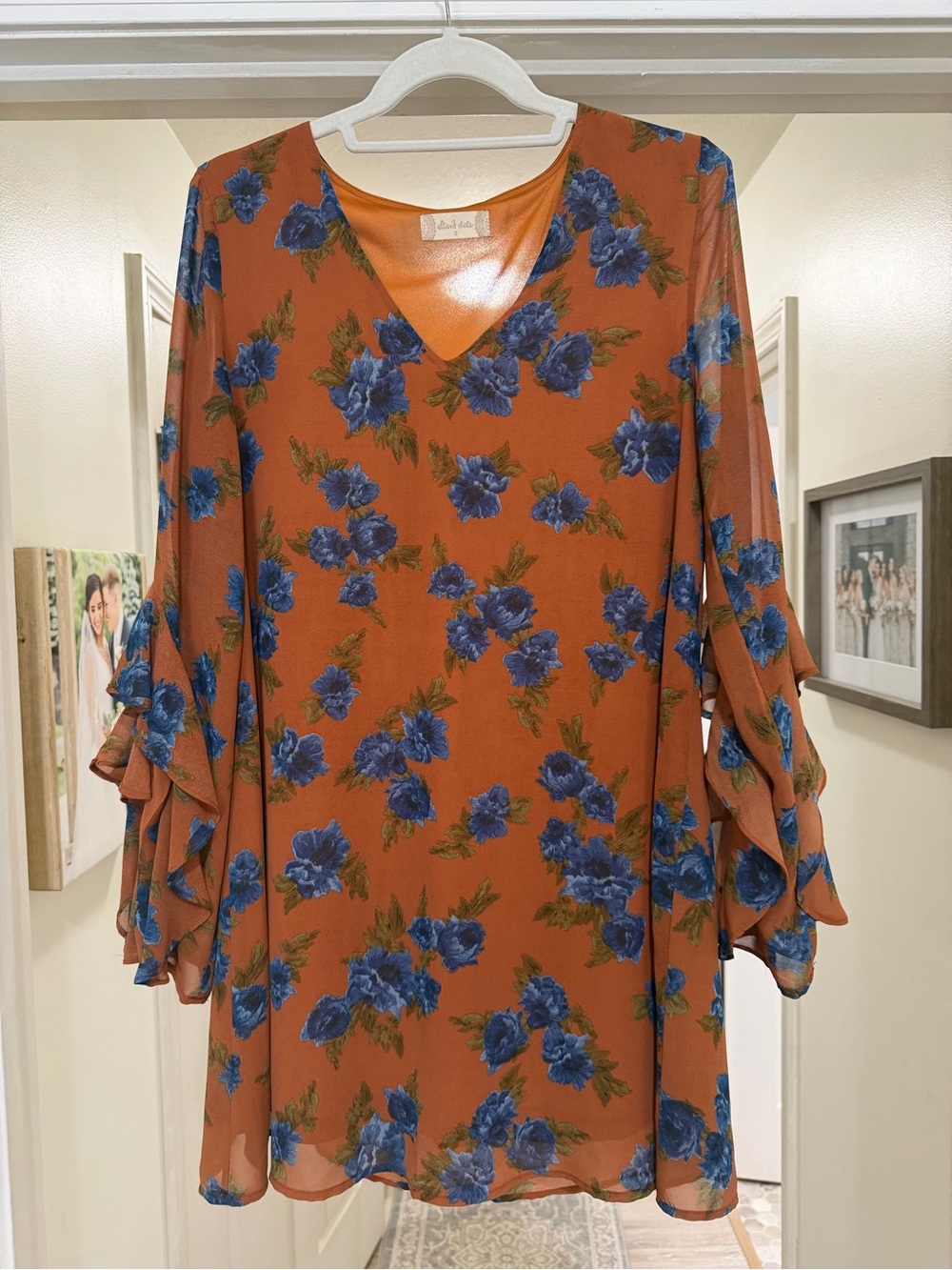 Altar'd State Rust Orange Long-Sleeve Floral V-Neck Dress with Blue Flowers